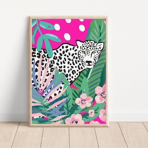 Estampado botánico llamativo: leopardo, jungla colorida, flores de tendencia, arte colorido de los años 70 y 60, hojas abstractas y flores, estampado para el baño, animal