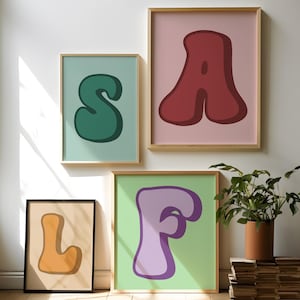 Impresión inicial colorida personalizada, póster de letras retro personalizado, idea de regalo, decoración de pared de galería, impresión de letras del alfabeto, arte inicial personalizado