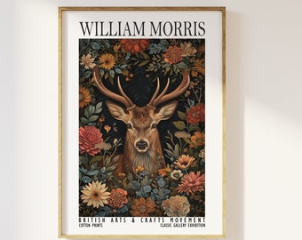 William Morris Style Floral Stag Print - Cotton Prints Exhibition Vintage William Morris Poster, Luxury Botanical Nature, Woodland Stag Art