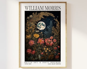 William Morris Full Moon And Flowers Print - Cotton Prints Exhibition Vintage William Morris, Luxury Botanical Foliage Trees Night Sky Moon
