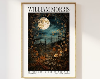 William Morris Full Moon Above Woodland Print - Cotton Prints Exhibition Vintage William Morris, Luxury Botanical Foliage Trees Moon Stars