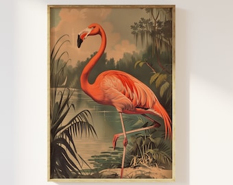 Flamingo Vintage Print, Vintage Illustration, Vintage Flamingo Art, Tropical Bird Art, Nature History Birds, Flamingo Home Decor, Painting
