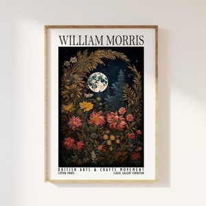 William Morris Full Moon And Flowers Print - Cotton Prints Exhibition Vintage William Morris, Luxury Botanical Foliage Trees Night Sky Moon