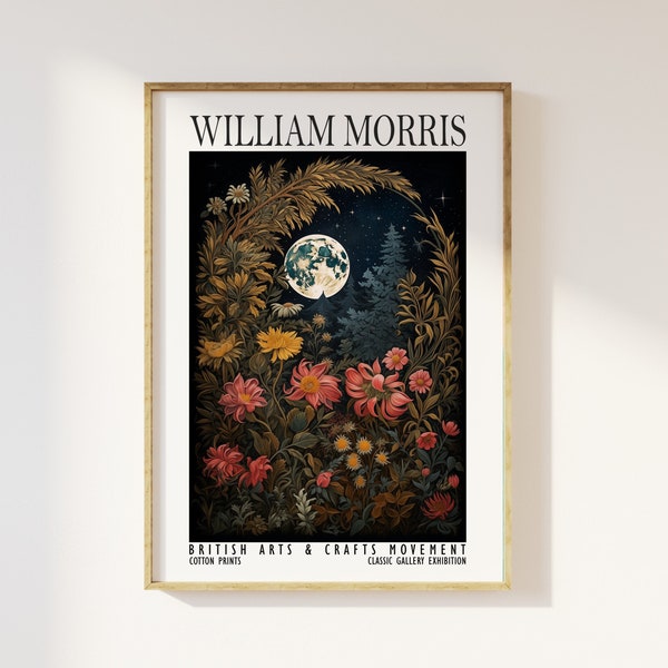 William Morris Full Moon And Flowers Print - Cotton Prints Exhibition Vintage William Morris, Luxury Botanical Foliage Trees Night Sky Moon