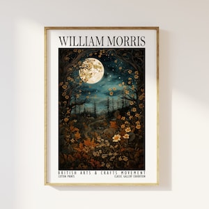 William Morris Full Moon Above Woodland Print - Cotton Prints Exhibition Vintage William Morris, Luxury Botanical Foliage Trees Moon Stars