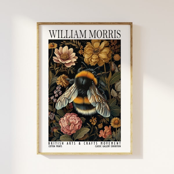 William Morris Style Bumble Bee Print - Cotton Prints Exhibition Vintage William Morris, Luxury Botanical Nature Bee Insect Summer Flowers