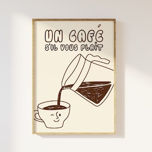Un Café S’il Vous Plaît French Coffee Kitchen Print - Aesthetic Kitchen Decor, Contemporary Retro Minimalist Illustration, Coffee Shop Cafe