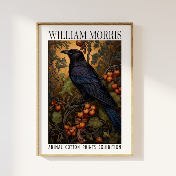 William Morris Style Crow Print - Animal Cotton Prints Exhibition, Textiles, Vintage William Morris Poster, Luxury Traditional Crow Berries