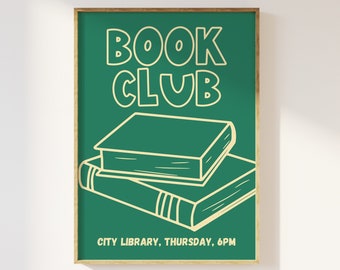 Book Club Retro Print - Book Club Trendy Poster, Library Literature Simple Illustration Fun Book Art, Reading Book Lover Gift, 70s Office