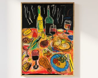 Dinner Table Food Print, Dinner Table Sketch, Foodie Food Illustration, Kitchen Poster, Vintage Retro Kitchen Chef Dining Room Trendy Poster