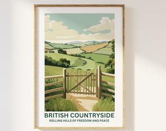 British Countryside Fields Print - Fields Rolling Hills Rural Nature Peace Plants Art, Living Room Bedroom Colourful Poster Timeless Classic