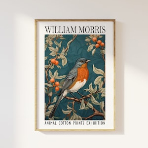 Stampa di Robin in stile William Morris - Mostra di stampe di cotone con animali, tessuti, poster vintage di William Morris, arte murale con fogliame di Robin