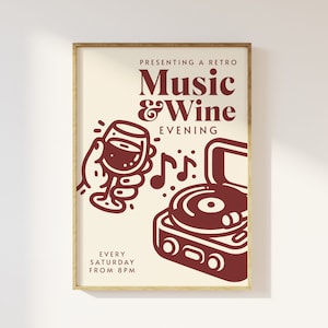Impresión de velada de música y vino retro / Póster de ilustración retro, arte de cocina para comedor, arte musical divertido, club de vinos, estética de moda de los años 90