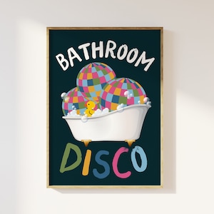 Impresión colorida retro de discoteca para baño: póster para baño, decoración divertida de dopamina para baño con estética disco, bola de discoteca, arte de pared retro de los años 70, 80 y 90