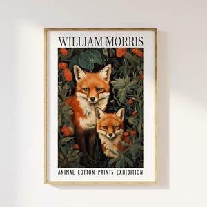 William Morris Style Fox und Fuchsjunges Druck - Tier Baumwolldruck Ausstellung, Textilien, Vintage William Morris Poster, Woodland Nature Art