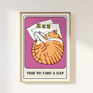 Impression de style carte de tarot chat sieste - l'heure de la sieste, art mural maison rétro funky, carte de tarot amusante, impression de citation cool colorée audacieuse, tendance des années 90