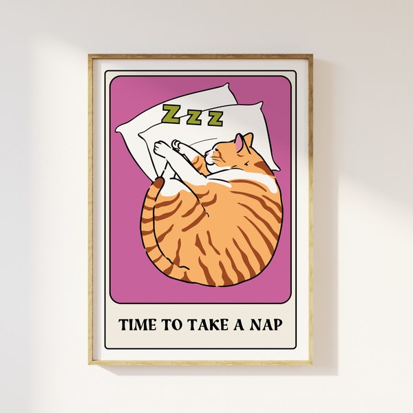 The Cat Nickerchen Tarot-Kartenstil Druck - Zeit für ein Nickerchen, Funky Retro-Haus Wandkunst, lustige Tarot-Karte, mutiges buntes cooles Zitat Druck, 90er Jahre Trendy