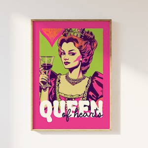 Estampado de naipes de la reina de corazones, moderno y divertido: estética retro de moda en rosa y verde, decoración de dormitorio retro genial de los años 90, reina del vino, maximalista