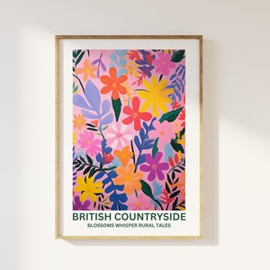 May include: A pink background with a colorful floral pattern. The flowers are in shades of yellow, orange, red, pink, purple, and blue. The text "BRITISH COUNTRYSIDE" is at the bottom of the image, with the words "BLOSSOMS WHISPER RURAL TALES" underneath.