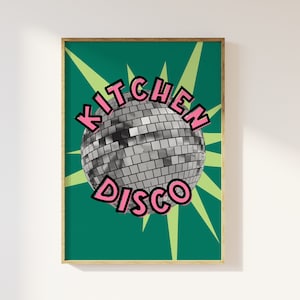 Impresión colorida retro de discoteca para cocina: póster para cocina, decoración estética y divertida para la cocina con dopamina, bola de discoteca, arte de pared retro audaz de los años 70, 80 y 90