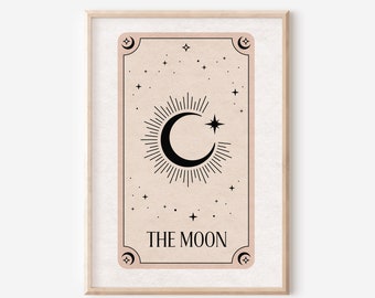 The Moon Tarot Print - Boho Wall Art, Celestial Wall Prints, Mystical Art, Neutral Decor, Astrology Posters, Tarot Card, Boho Horoscopes,