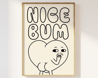 Nice Bum Bathroom Print, Fun Bathroom Toilet Humour, En Suite Print, Retro Minimalist Fun Character Print, Typography, Cheeky, 90s Trendy