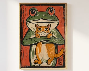 Funny Japanese Frog and Cat Woodblock Print: Vintage Animal Poster