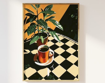 Retro Coffee Shop Print, Retro Cafe, Coffee Art, Checkerboard Tiles, Food Drink Kitchen Poster, Dining Room Art, Coffee Lover Gift, Vintage