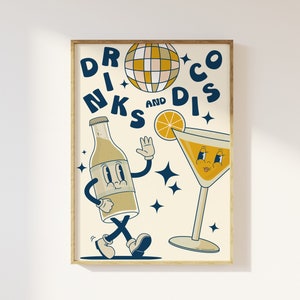Drinks And Disco Retro Character Disco Ball And Cocktail Print - Retro Cartoon Mascot Character Kitchen Poster, Funky 90s Cool Trendy Bar