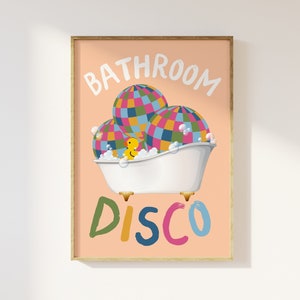 Impresión colorida retro de discoteca para baño: póster para baño, decoración divertida de dopamina para baño con estética disco, bola de discoteca, arte de pared retro de los años 70, 80 y 90