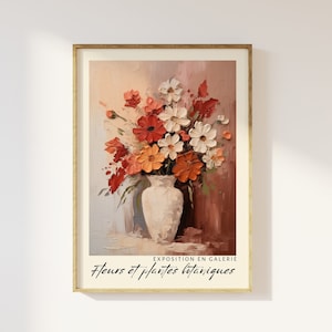 Exposición de ramos de flores: impresión: jarrón de flores estético de color rosa burdeos, flores, botánica, galería, arte floral abstracto contemporáneo