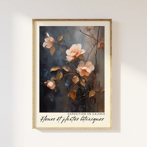 Exposición de ramos de flores con estampados florales: jarrón de flores estético de color rosa y azul marino, Fleurs Botaniques, galería, arte floral abstracto contemporáneo