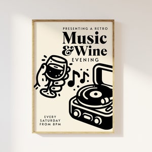 Impresión de velada de música y vino retro / Póster de ilustración retro, arte de cocina para comedor, arte musical divertido, club de vinos, estética de moda de los años 90