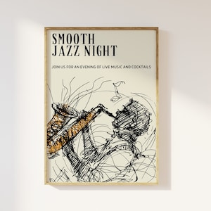 Impresión musical de espectáculo en vivo de noche de jazz suave: club de jazz, póster de música abstracta, arte para sala de estar, arte contemporáneo audaz retro de los años 60 y 70 de mediados de siglo