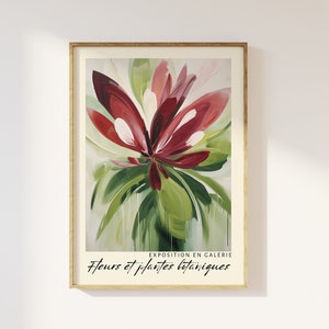 Exposición de ramos de flores: impresión: jarrón de flores estético de color verde oscuro y rojo, Fleurs Botaniques, galería, arte floral abstracto contemporáneo