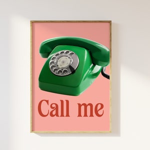 Teléfono retro Call Me con estampado retro rosa y verde: estilo retro minimalista estético, teléfono de los años 70, 80 y 90, romance, estilo preppy, moderno y funky