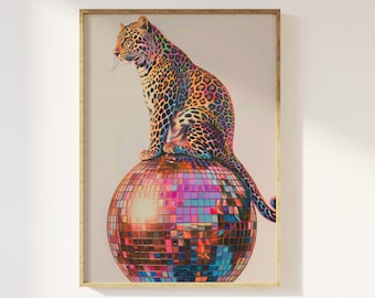Leopard Sitting On A Disco Ball Print, Trendy Leopard Poster, Disco Ball Mirror Ball, Funky 70s Illustration, Cool Retro Modern Leopard Art