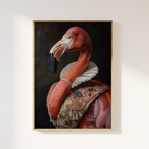 Flamingo Vintage Portrait Print, Renaissance Altered Animal Art, Maximalist Eclectic Bold, Victorian Royal, Tropical Bird, Antique, Fun