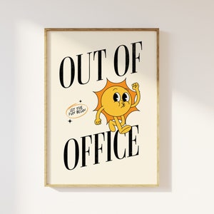 Impresión de mascota retro fuera de la oficina / personaje retro divertido, arte soleado de los años 80 y 90, arte de oficina retro, póster estético de moda, arte de vacaciones de verano