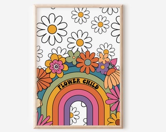 Colourful Retro Flower Child Print - Floral Retro Art, Groovy Floral, 1970s 1960s, Bright Bold, Hippie Flowers, Positivity, Rainbow, Daisy's