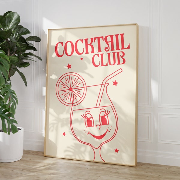 Retro Cocktail Club Character Print - Fun 70s 80s 90s Cocktail Club Cartoon Minimalist Retro Art Print, Kitchen Poster, Dining Room Bar Cart