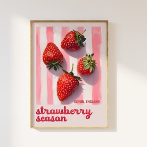 Estampado estético rosa de temporada de fresas: rayas pastel rosas y blancas, frutas deliciosas y femeninas de moda, cocina, comedor, verano, estilo retro