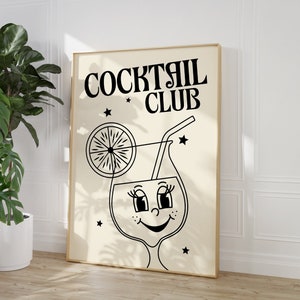 Retro cocktailclub karakter print - leuke jaren 70 80s 90s cocktail club cartoon minimalistische retro kunst print, keuken poster, eetkamer bar kar