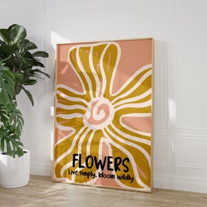 Impresión abstracta de flores coloridas: flores retro, estilo Matisse, vive simplemente y florece salvajemente, arte floral retro de los años 70, póster de flores para el hogar