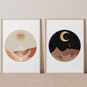Set of 2 Boho Day and Night Abstract Prints - Geometric, Terracotta Landscape, Dessert Sand, Snake, Earthy Decor, Mid Century, Mountain