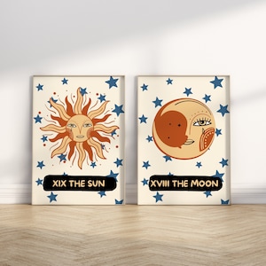 De zon en de maan tarotprint set van 2 - Bohokunst aan de muur, hemelse muurprints, mystiek, neutraal decor, astrologieposters, tarotkaartkunst