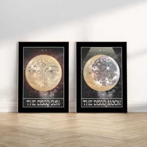 Juego de 2 láminas de tarot Disco Sun y Disco Moon, cartas de tarot místicas con impresiones de pared celestiales, bola de espejos de discoteca, fortuna retro de los años 70 y 80
