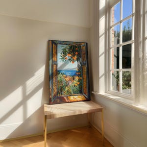 Add Mediterranean charm to your home with this vibrant Fauvism-style painting inspired by Henri Matisse. It features an open window overlooking the ocean, with a picturesque coastal view, including a little coastal village. Lush orange trees, the sea