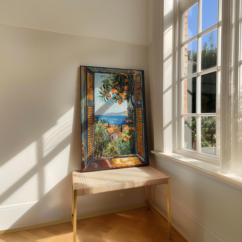Add Mediterranean charm to your home with this vibrant Fauvism-style painting inspired by Henri Matisse. It features an open window overlooking the ocean, with a picturesque coastal view, including a little coastal village. Lush orange trees, the sea