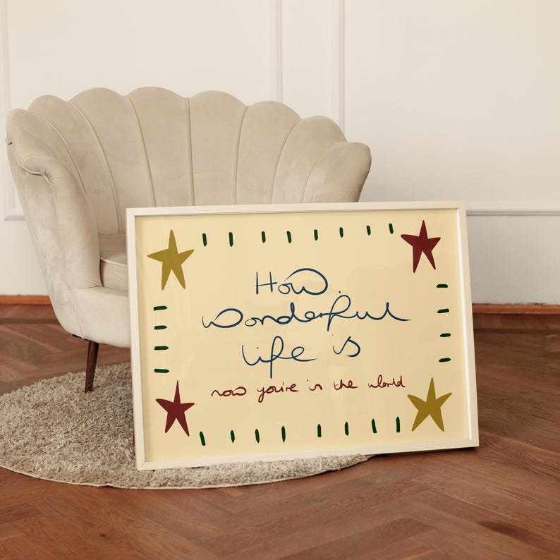 “Retro mid-century quote art print with stars and handwritten text reading ‘How wonderful life is now you’re in the world’ in warm vintage colours.”